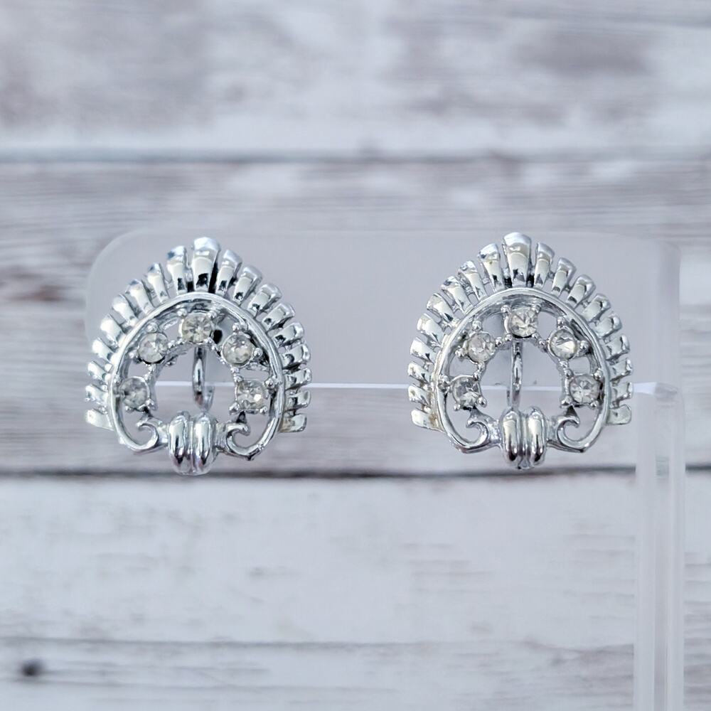 Vintage Screw On Earrings Statement Silver Tone & Clear Gem